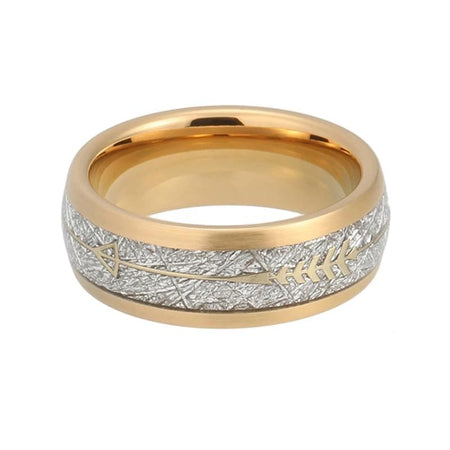 Yellow Gold Tungsten Ring with White Meteorite Inlay and Arrow for Men and Women