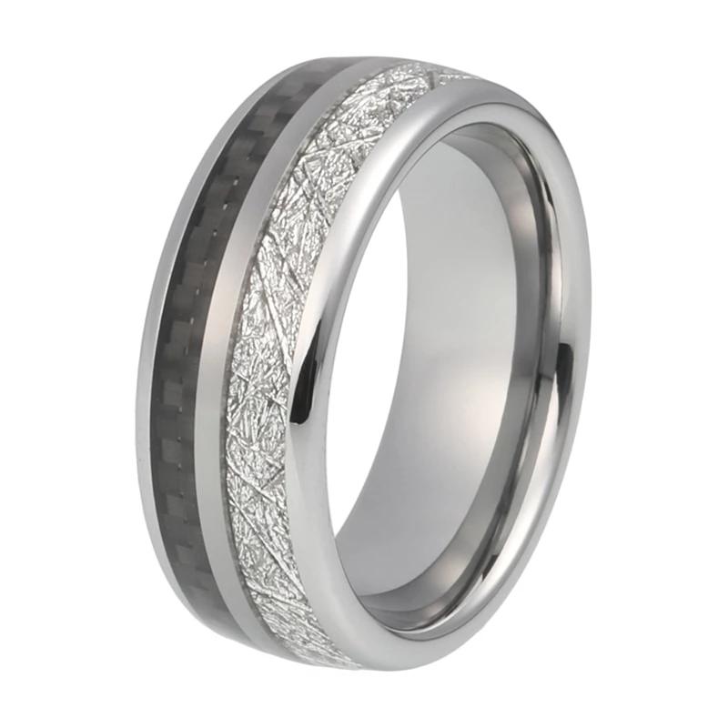 Silver Tungsten Ring with White Meteorite and Black Carbon Fiber Inlay
