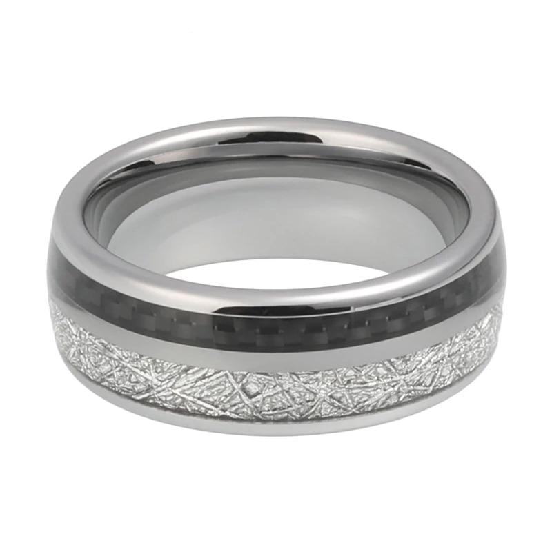Silver Wedding Band with White Meteorite and Black Carbon Fiber Inlay