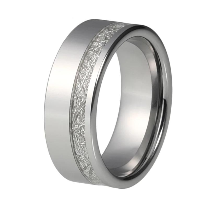 Silver Tungsten Ring with White Meteorite Inlay