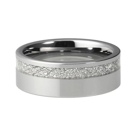 Silver Tungsten Ring with Offset White Meteorite Inlay for Men and Women