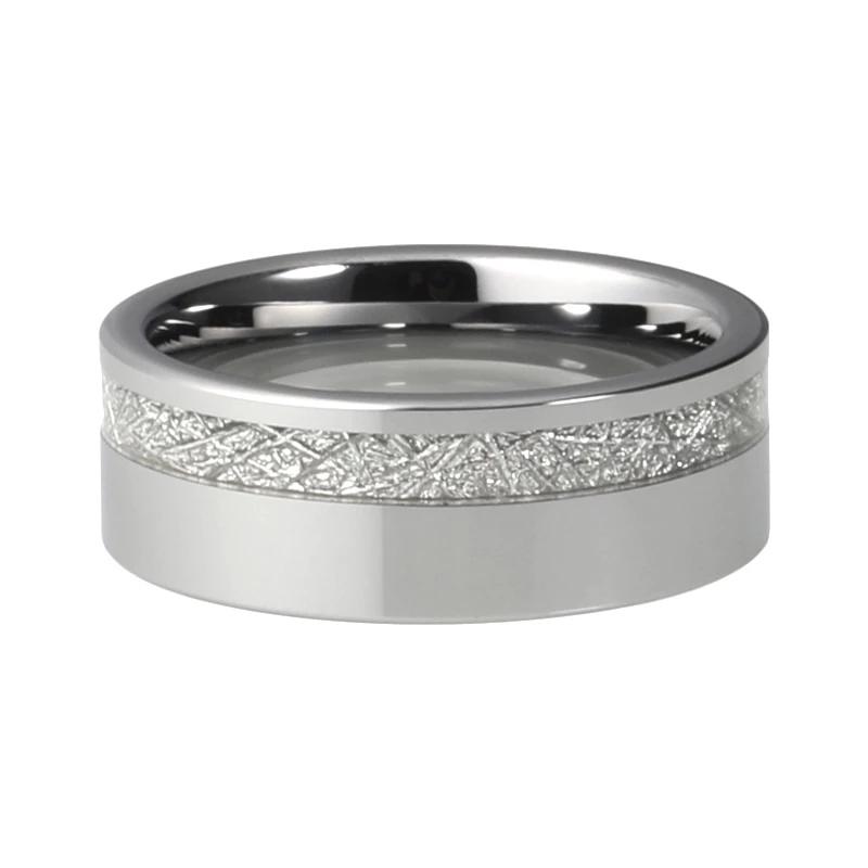 Silver Wedding Band with White Meteorite Inlay