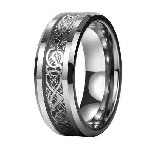 Silver Celtic Dragon Tungsten Ring with Black Carbon Fiber Inlay