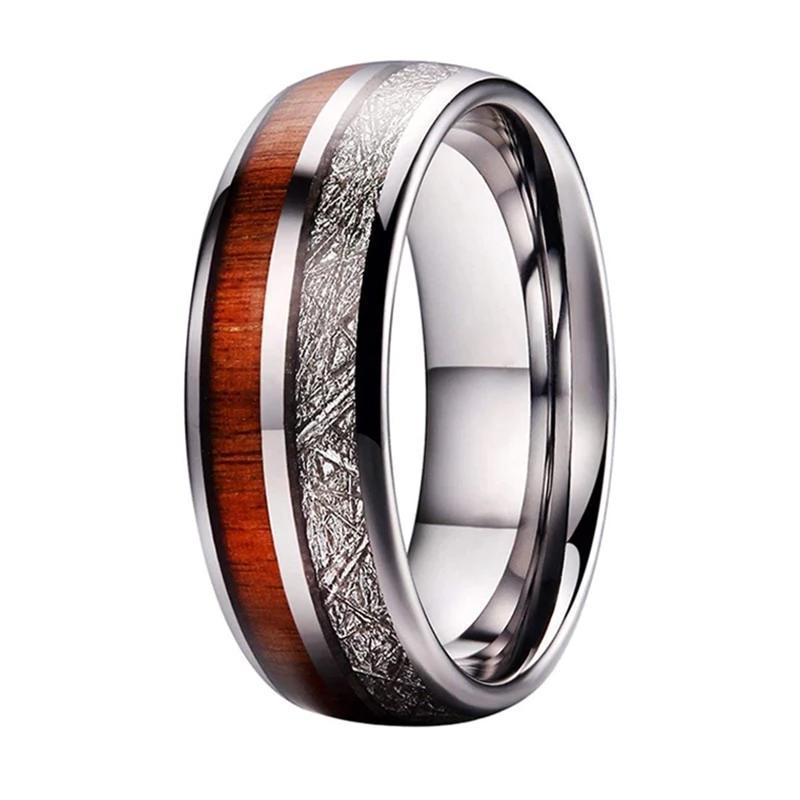 Silver Tungsten Ring with White Meteorite and Red Wood Inlay