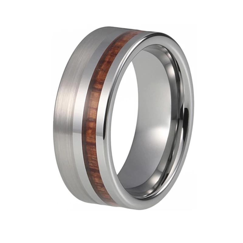 Silver Pipe Cut Design Tungsten Ring with Wood Inlay