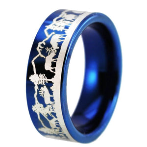 Deer Family in Mountain Design Tungsten Ring Blue Color