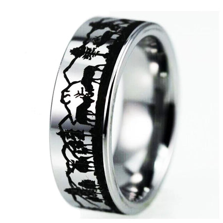 Deer Family in Mountain Design Tungsten Ring for Men and Women