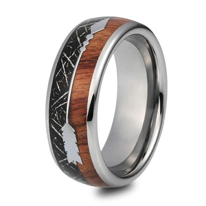 Silver Tungsten Ring with Wood and Black Meteorite Inlay in Arrow Design
