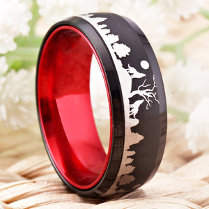 Wolf in Forest Design Red Wedding Band