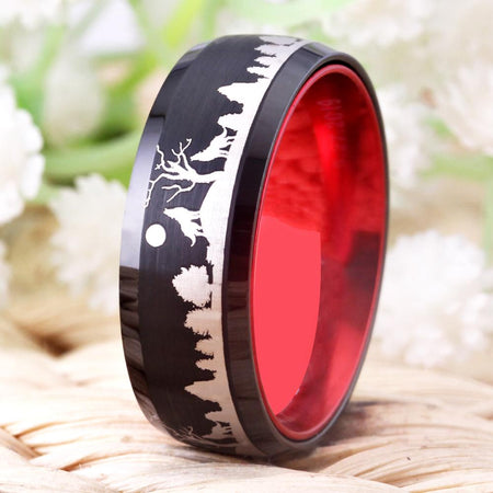 Red and Black Wolf in Forest Design Tungsten Ring for Men and Women