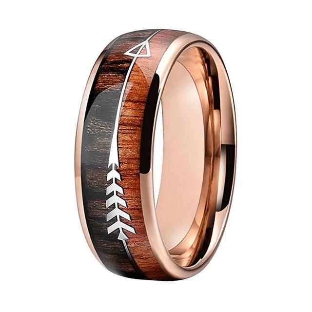 Rose Gold Tungsten Ring with Wood Inlay and Arrow