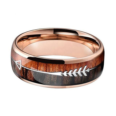 Rose Gold Tungsten Ring with Koa Wood Inlay and Arrow for Men and Women